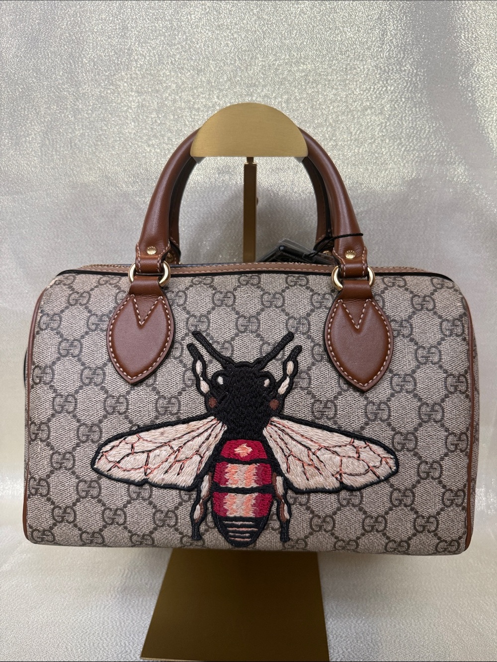 Gucci Beige GG Canvas Bee Embroidered Satchel with Brown Trim with Crossbody